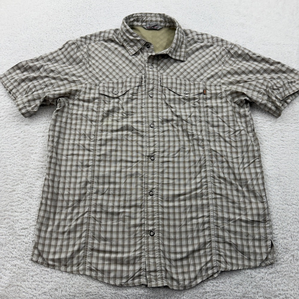 Outdoor Research Mens Plaid Short Sleeve Button Up Shirt Large Tan Brown Outdoor